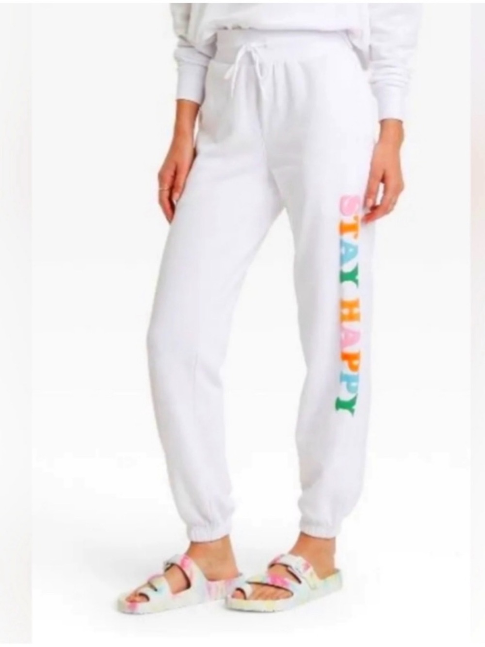 33 Revolutions "Stay Happy" White Graphic Jogger Sweatpants - Size XS